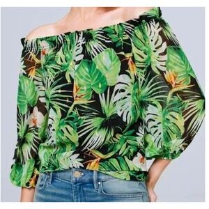 White House Black Market Tropical Palm Print Off Shoulder Blouse Size Small NWT‎